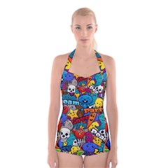 Graffiti Characters Seamless Pattern Boyleg Halter Swimsuit  by Amaryn4rt