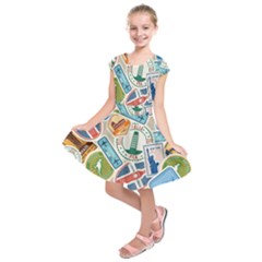 Travel Pattern Immigration Stamps Stickers With Historical Cultural Objects Travelling Visa Immigrant Kids  Short Sleeve Dress by Amaryn4rt