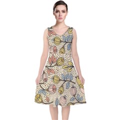 Seamless Pattern With Flower Bird V-neck Midi Sleeveless Dress  by Amaryn4rt