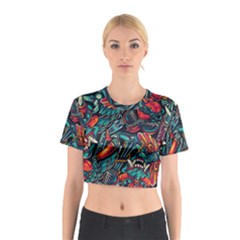 Vintage Tattoos Colorful Seamless Pattern Cotton Crop Top by Amaryn4rt