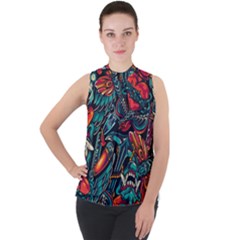 Vintage Tattoos Colorful Seamless Pattern Mock Neck Chiffon Sleeveless Top by Amaryn4rt