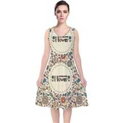 Seamless Pattern With Flower Birds V-neck Midi Sleeveless Dress  by Amaryn4rt