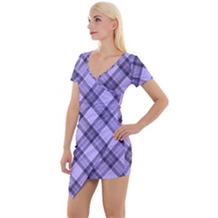 Pastel Purple And Steel Black Lines Pattern, Retro Tartan, Classic Plaid Short Sleeve Asymmetric Mini Dress by Casemiro