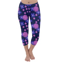 Pink And Blue Flowers Capri Winter Leggings  by bloomingvinedesign