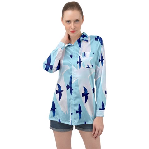 Illustrations Birds Flying Long Sleeve Satin Shirt by HermanTelo