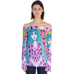 Blue Haired Girl Wall Off Shoulder Long Sleeve Top by snowwhitegirl