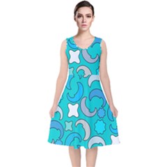 Cloudy Blue Moon V-neck Midi Sleeveless Dress  by tmsartbazaar