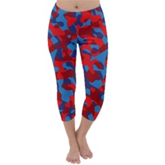 Red And Blue Camouflage Pattern Capri Winter Leggings  by SpinnyChairDesigns