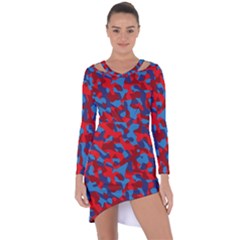 Red And Blue Camouflage Pattern Asymmetric Cut-out Shift Dress by SpinnyChairDesigns