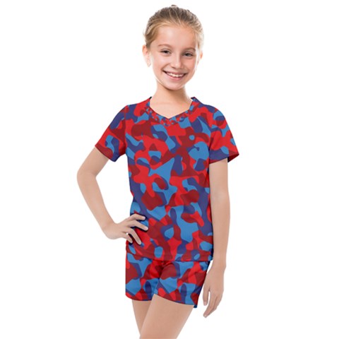 Red And Blue Camouflage Pattern Kids  Mesh Tee And Shorts Set by SpinnyChairDesigns