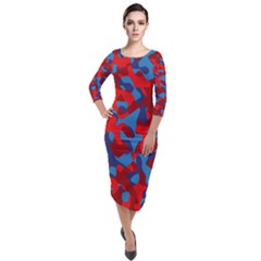 Red And Blue Camouflage Pattern Quarter Sleeve Midi Velour Bodycon Dress by SpinnyChairDesigns