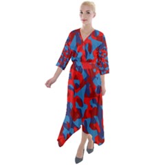 Red And Blue Camouflage Pattern Quarter Sleeve Wrap Front Maxi Dress by SpinnyChairDesigns