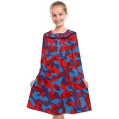 Red And Blue Camouflage Pattern Kids  Midi Sailor Dress by SpinnyChairDesigns