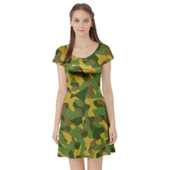 Yellow Green Brown Camouflage Short Sleeve Skater Dress by SpinnyChairDesigns