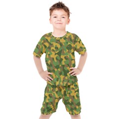 Yellow Green Brown Camouflage Kids  Tee And Shorts Set by SpinnyChairDesigns