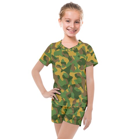 Yellow Green Brown Camouflage Kids  Mesh Tee And Shorts Set by SpinnyChairDesigns