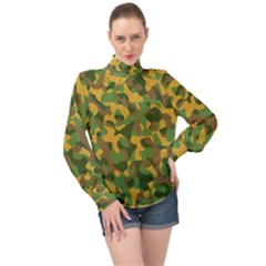 Yellow Green Brown Camouflage High Neck Long Sleeve Chiffon Top by SpinnyChairDesigns