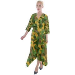 Yellow Green Brown Camouflage Quarter Sleeve Wrap Front Maxi Dress by SpinnyChairDesigns