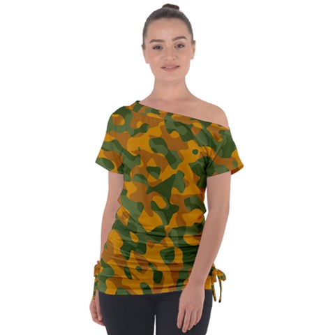 Green And Orange Camouflage Pattern Tie-up Tee by SpinnyChairDesigns