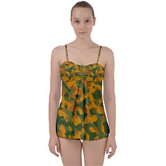 Green And Orange Camouflage Pattern Babydoll Tankini Set by SpinnyChairDesigns