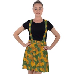 Green And Orange Camouflage Pattern Velvet Suspender Skater Skirt by SpinnyChairDesigns