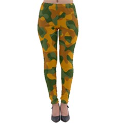 Green And Orange Camouflage Pattern Lightweight Velour Leggings by SpinnyChairDesigns