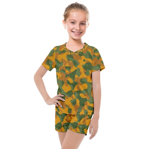 Green And Orange Camouflage Pattern Kids  Mesh Tee And Shorts Set by SpinnyChairDesigns