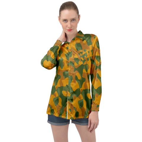 Green And Orange Camouflage Pattern Long Sleeve Satin Shirt by SpinnyChairDesigns