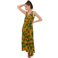 Green And Orange Camouflage Pattern V-neck Chiffon Maxi Dress by SpinnyChairDesigns