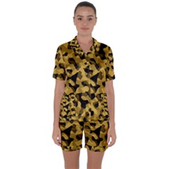 Black Yellow Brown Camouflage Pattern Satin Short Sleeve Pyjamas Set by SpinnyChairDesigns