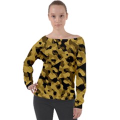 Black Yellow Brown Camouflage Pattern Off Shoulder Long Sleeve Velour Top by SpinnyChairDesigns