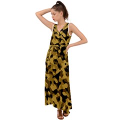 Black Yellow Brown Camouflage Pattern V-neck Chiffon Maxi Dress by SpinnyChairDesigns