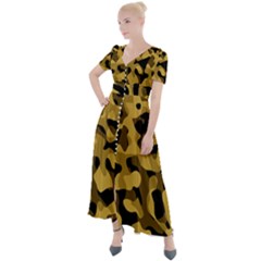 Black Yellow Brown Camouflage Pattern Button Up Short Sleeve Maxi Dress by SpinnyChairDesigns