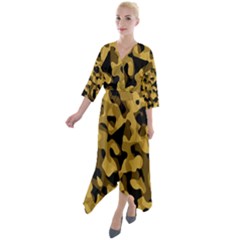 Black Yellow Brown Camouflage Pattern Quarter Sleeve Wrap Front Maxi Dress by SpinnyChairDesigns