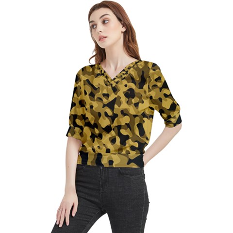 Black Yellow Brown Camouflage Pattern Quarter Sleeve Blouse by SpinnyChairDesigns