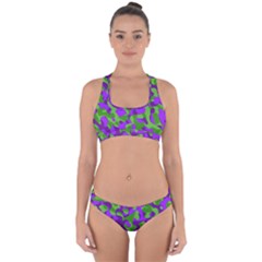 Purple And Green Camouflage Cross Back Hipster Bikini Set by SpinnyChairDesigns