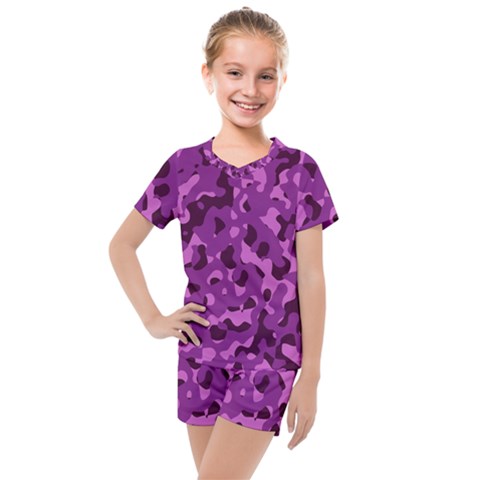 Dark Purple Camouflage Pattern Kids  Mesh Tee And Shorts Set by SpinnyChairDesigns