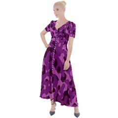 Dark Purple Camouflage Pattern Button Up Short Sleeve Maxi Dress by SpinnyChairDesigns