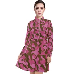 Pink And Brown Camouflage Long Sleeve Chiffon Shirt Dress by SpinnyChairDesigns