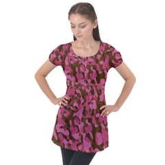 Pink And Brown Camouflage Puff Sleeve Tunic Top by SpinnyChairDesigns