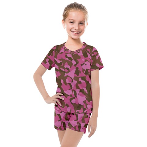 Pink And Brown Camouflage Kids  Mesh Tee And Shorts Set by SpinnyChairDesigns