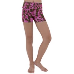 Pink And Brown Camouflage Kids  Lightweight Velour Yoga Shorts by SpinnyChairDesigns