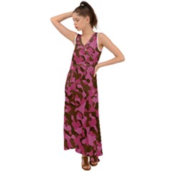 Pink And Brown Camouflage V-neck Chiffon Maxi Dress by SpinnyChairDesigns