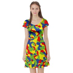 Colorful Rainbow Camouflage Pattern Short Sleeve Skater Dress by SpinnyChairDesigns