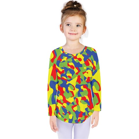 Colorful Rainbow Camouflage Pattern Kids  Long Sleeve Tee by SpinnyChairDesigns