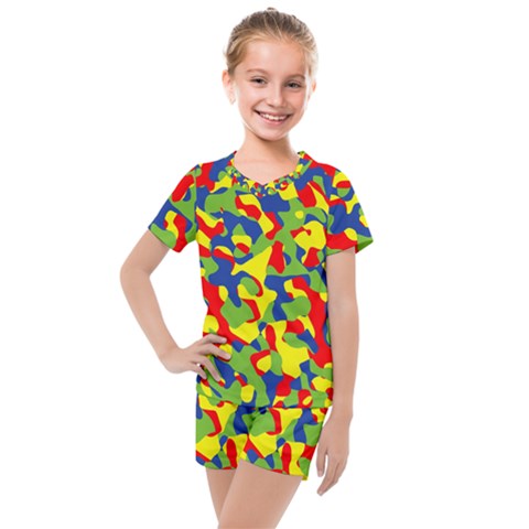 Colorful Rainbow Camouflage Pattern Kids  Mesh Tee And Shorts Set by SpinnyChairDesigns