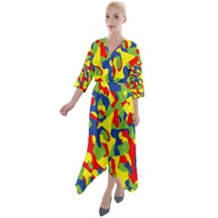 Colorful Rainbow Camouflage Pattern Quarter Sleeve Wrap Front Maxi Dress by SpinnyChairDesigns