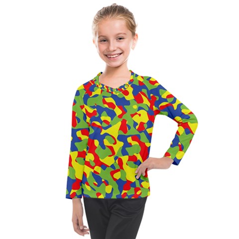 Colorful Rainbow Camouflage Pattern Kids  Long Mesh Tee by SpinnyChairDesigns