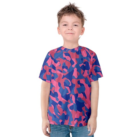 Blue And Pink Camouflage Pattern Kids  Cotton Tee by SpinnyChairDesigns