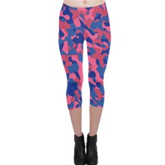 Blue And Pink Camouflage Pattern Capri Leggings  by SpinnyChairDesigns